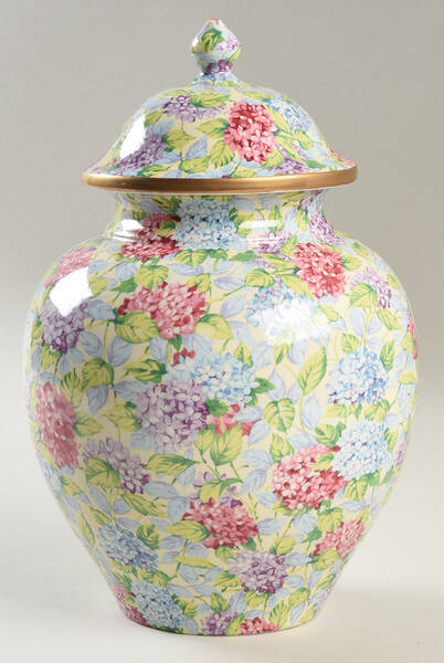 Hydrangea (New, Granville, Cream Background) Large Temple Jar & Lid