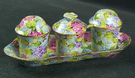 Hydrangea (New, Granville, Cream Background) 5-Piece Condiment Set (Salt, Pepr, Mustard & Tray)