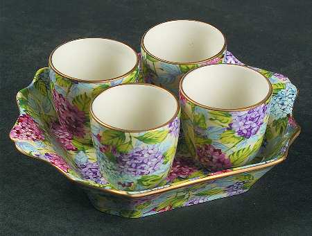 Hydrangea (New, Granville, Cream Background) Egg Cup Set (4 Egg Cups and Tray)