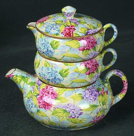 Hydrangea (New, Granville, Cream Background) Mini Teapot Stacking Set (Creamer, Sugar)