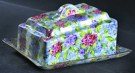 Hydrangea (New, Granville, Cream Background) Cheese Dish with Lid (Wedge)