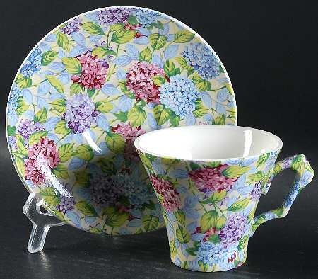 Hydrangea (New, Granville, Cream Background) Flat Cup & Saucer Set