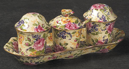 Ruth Kent (New, Granville Shape) 5-Piece Condiment Set (Salt, Pepr, Mustard & Tray)