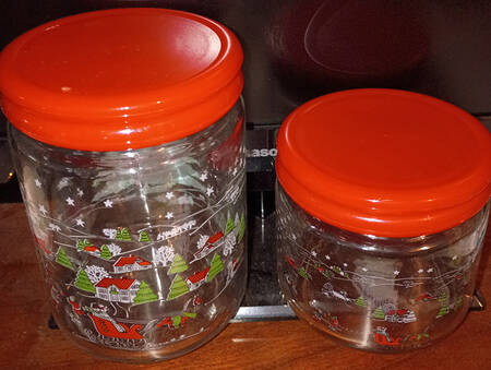 Christmas Pleasure (Scalloped, Red Trim) 5" Glassware Storage Jar & Lid
