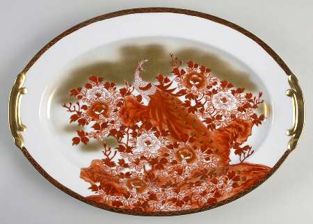 Red Peacock and Peonies 16" Oval Serving Platter