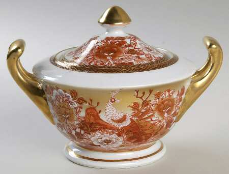 Red Peacock and Peonies Sugar Bowl & Lid