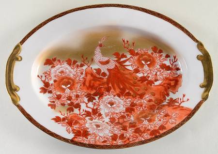 Red Peacock and Peonies 12" Oval Serving Platter