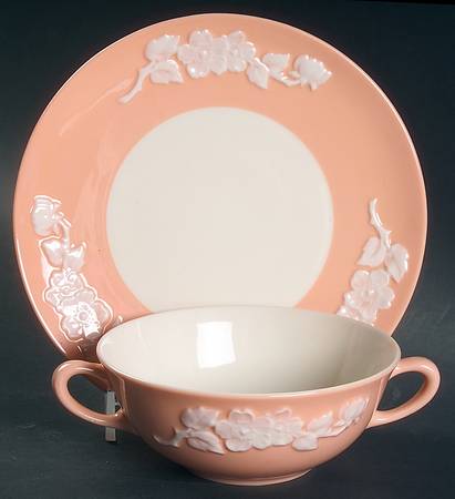 Apple Blossom Coral Flat Cream Soup Bowl & Saucer Set