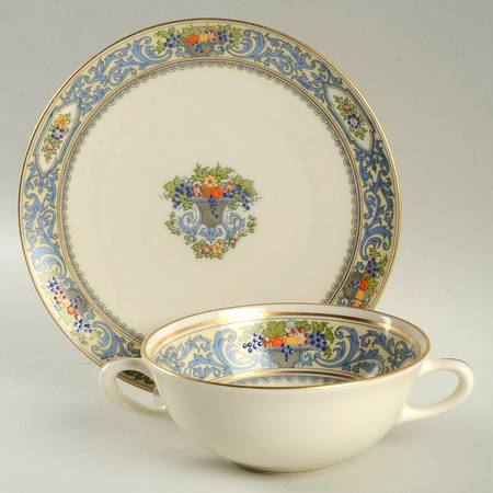 The Autumn (Black Or Green Stamp) Flat Cream Soup Bowl & Saucer Set