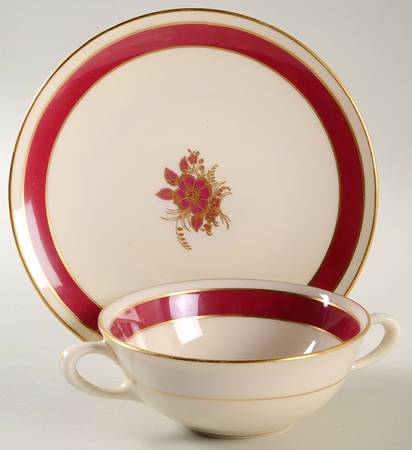 Blue Bell Maroon Footed Cream Soup Bowl & Saucer Set