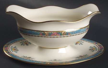 Blue Tree (Gold Trim) Gravy Boat with Attached Underplate