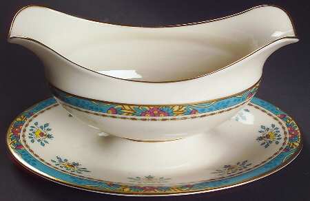 Blue Tree (Gold Trim) Gravy Boat with Attached Underplate