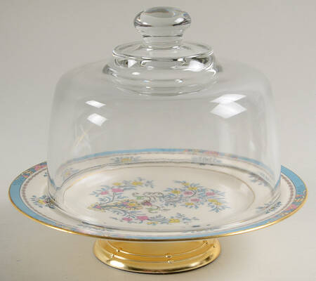 Blue Tree (Gold Trim) 6 1/2"-7 1/2" Footed Cheese Plate w/ Glass Dome HC
