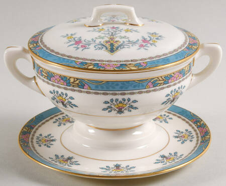 Blue Tree (Gold Trim) Sauce Boat with Attached Underplate & Lid