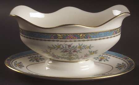 Blue Tree (Gold Trim) Gravy Boat with Attached Underplate