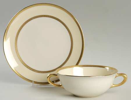 Brookline Cream Border Footed Cream Soup Bowl & Saucer Set