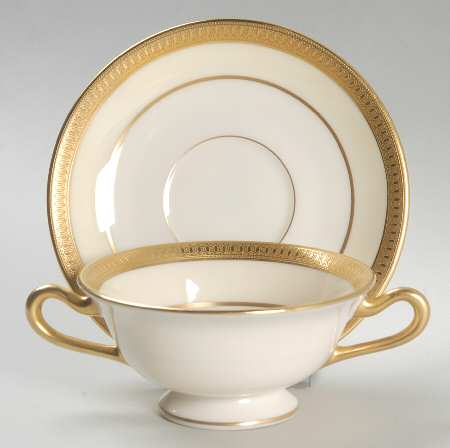 Carolina Cream (Gold Encrusted) Footed Bouillon Cup & Saucer