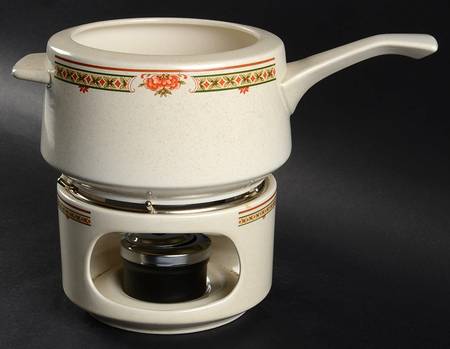 Coral Blossoms Open Fondue Pot w/Warmer Stand,Metal Rack & Burner