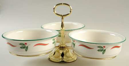 Country Holly 7" x 12" 3-Part Relish & Metal Stand (CERC) HC