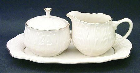 Cottage (Giftware, Gold Trim) Creamer & Sugar with Lid & Tray Set