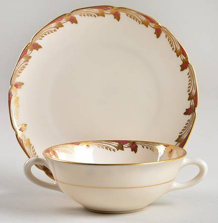 Essex Maroon (Scalloped) Flat Cream Soup Bowl & Saucer Set