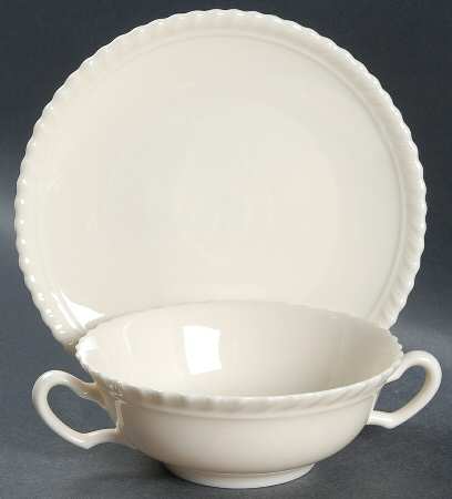 Gadroon Off White Flat Cream Soup Bowl & Saucer Set