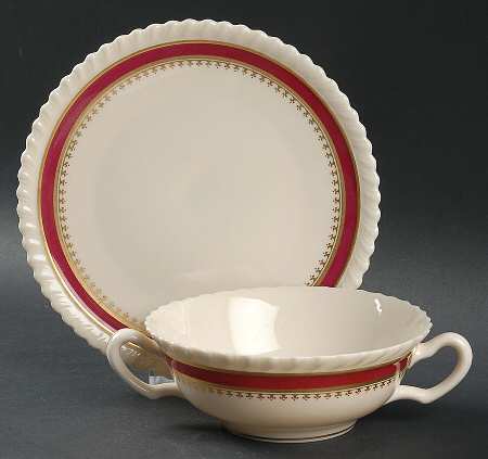 Georgian Maroon Flat Cream Soup Bowl & Saucer Set