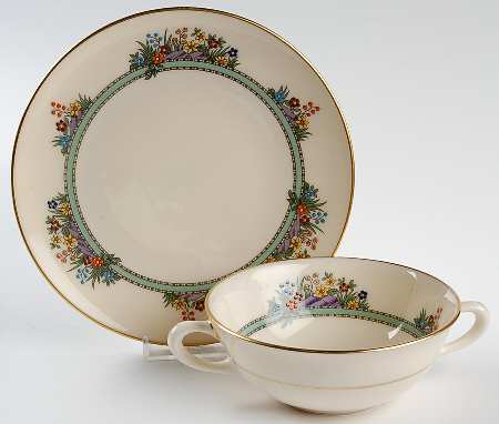 Hathaway (Green) Flat Cream Soup Bowl & Dessert Plate/Saucer Set