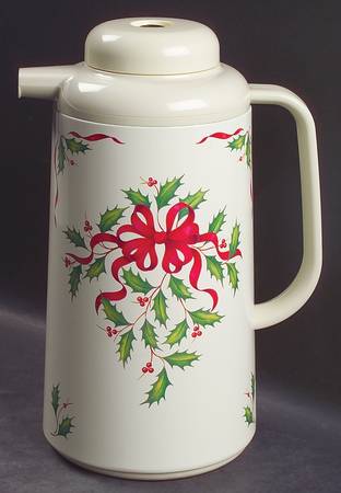 Holiday Gold (Red Ribbon Accent) Plastic Thermos/Carafe & Lid