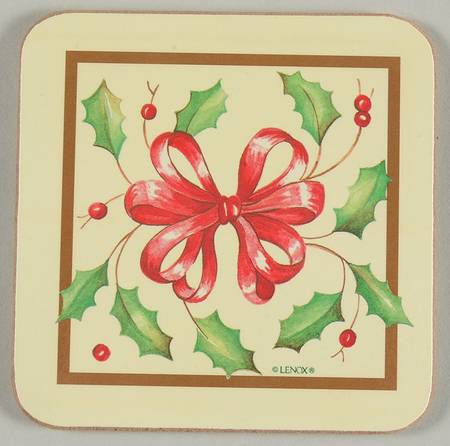 Holiday Gold (Red Ribbon Accent) Cork Back Square Coaster