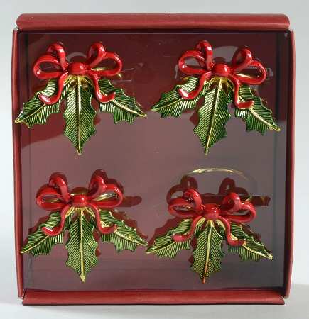 Holiday Gold (Red Ribbon Accent) Napkin Ring - Set of 4