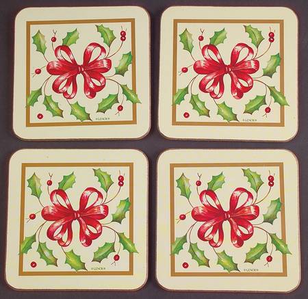 Holiday Gold (Red Ribbon Accent) (4 Pc) Cork Back Square Coaster Set