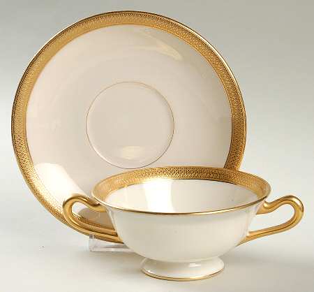 Lowell (Green Backstamp) Footed Cream Soup Bowl & Saucer Set