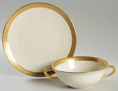 Lowell (Green Backstamp) Flat Cream Soup Bowl & Saucer Set