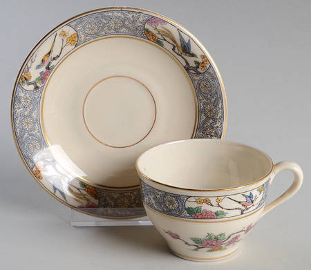 Ming-Birds (Older, Cream, Black Green Stamp) Flat Demitasse Cup & Saucer Set