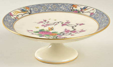 Ming-Birds (Older, Cream, Black Green Stamp) Round Compote (Height X Width)