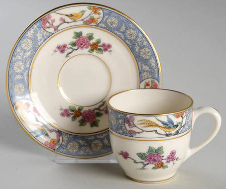 Ming-Birds (Older, Cream, Black Green Stamp) Flat Demitasse Cup & Saucer Set
