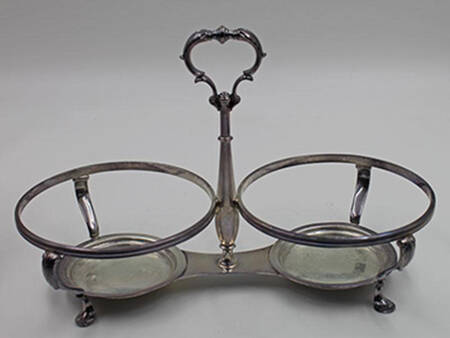 Ming-Birds (Older, Cream, Black Green Stamp) Sterling Condiment Stand with Center Handle