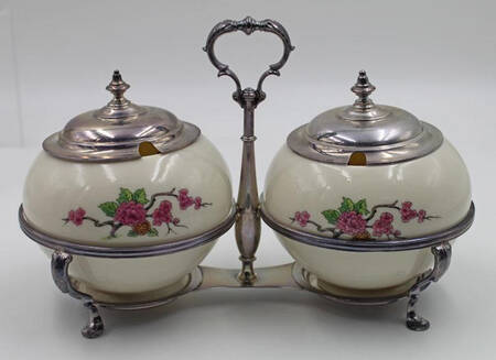 Ming-Birds (Older, Cream, Black Green Stamp) 5 Pc Condiment Set, 2 Bowls with Sterling Lids & Stand