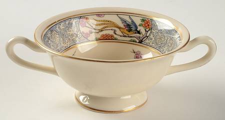 Ming-Birds (Older, Cream, Black Green Stamp) Footed Bouillon Cup