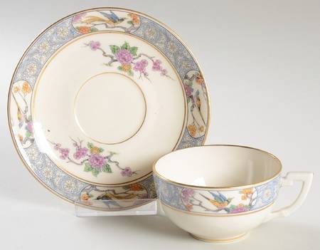 Ming-Birds (Older, Cream, Black Green Stamp) Flat Cup & Saucer Set
