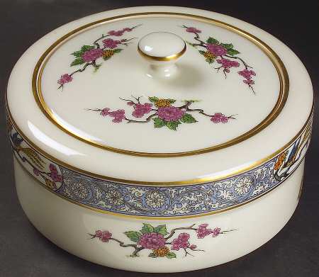 Ming-Birds (Older, Cream, Black Green Stamp) 4" Round Bon Bon & Lid