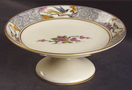 Ming-Birds (Older, Cream, Black Green Stamp) Round Compote (Height X Width)