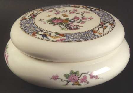 Ming-Birds (Older, Cream, Black Green Stamp) 5" Round Bon Bon & Lid