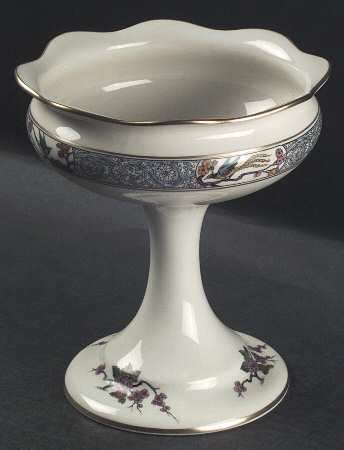 Ming-Birds (Older, Cream, Black Green Stamp) Round Compote (Height X Width)