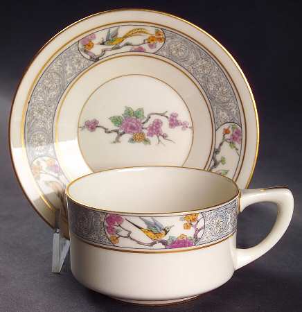 Ming-Birds (Older, Cream, Black Green Stamp) Flat Cup & Saucer Set