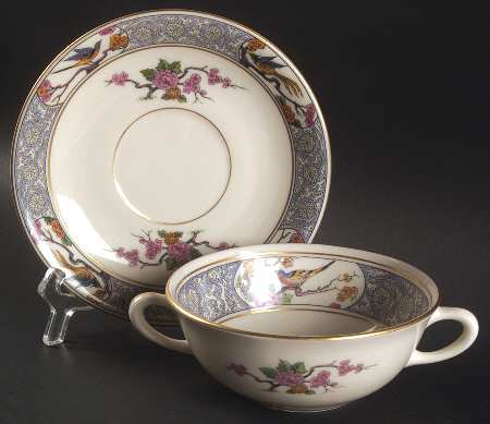 Ming-Birds (Older, Cream, Black Green Stamp) Flat Cream Soup Bowl & Saucer Set