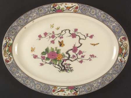 Ming-Birds (Older, Cream, Black Green Stamp) 13" Oval Serving Platter