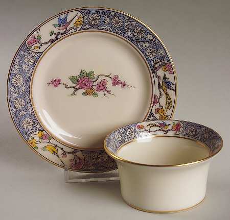 Ming-Birds (Older, Cream, Black Green Stamp) Ramekin & Saucer Set