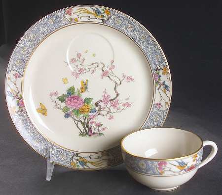 Ming-Birds (Older, Cream, Black Green Stamp) Snack Plate & Cup Set